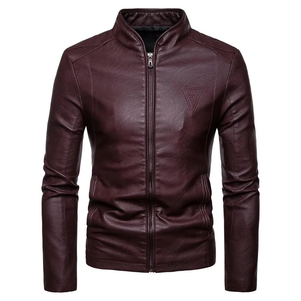 Men's Korean Design Slim Standing Collar PU Leather Jacket