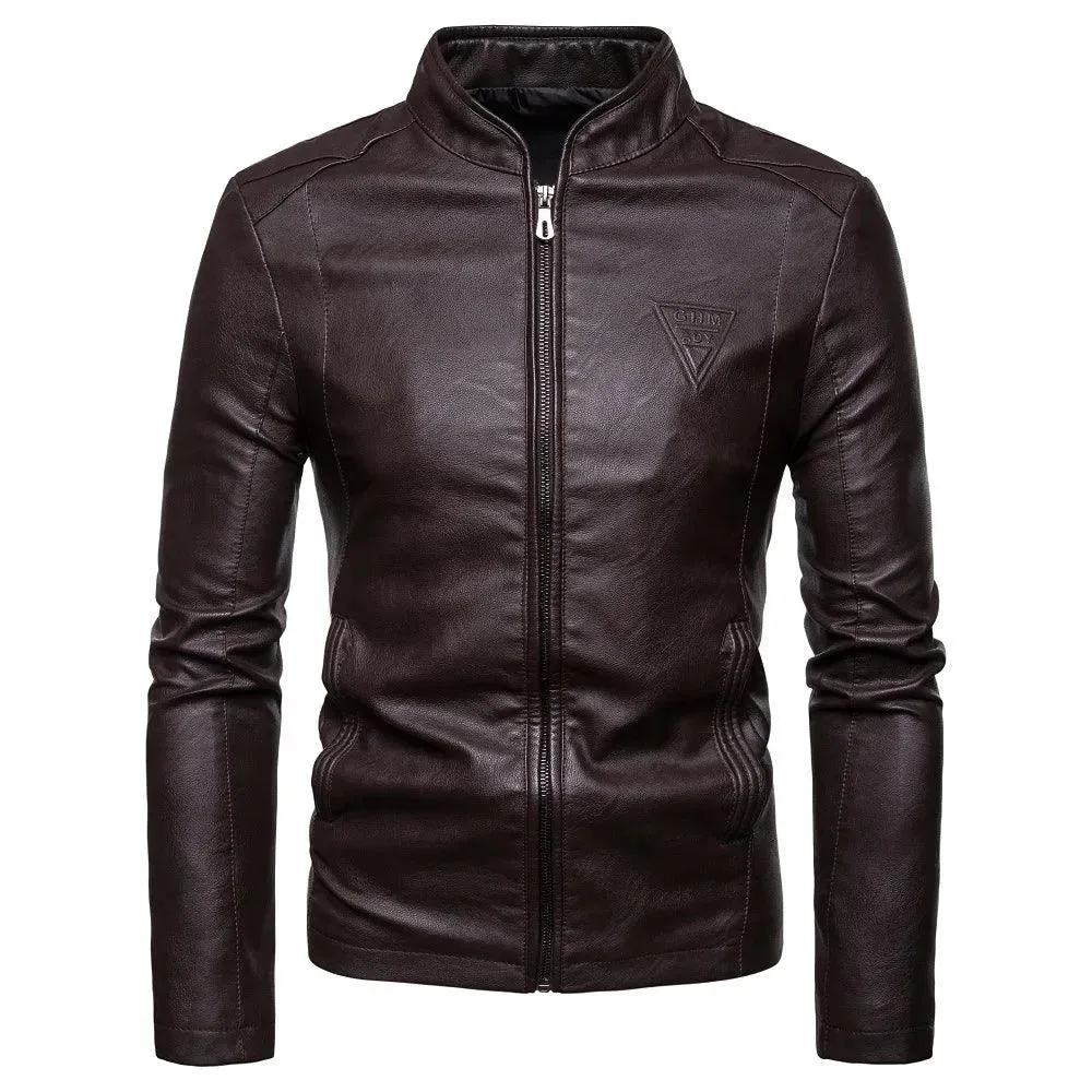 Men's Korean Design Slim Standing Collar PU Leather Jacket