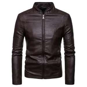 Men's Korean Design Slim Standing Collar PU Leather Jacket