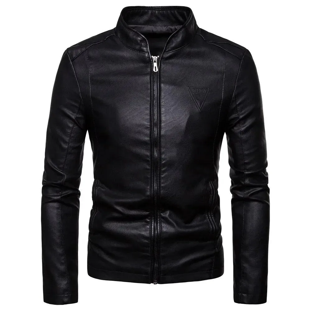 Men's Korean Design Slim Standing Collar PU Leather Jacket