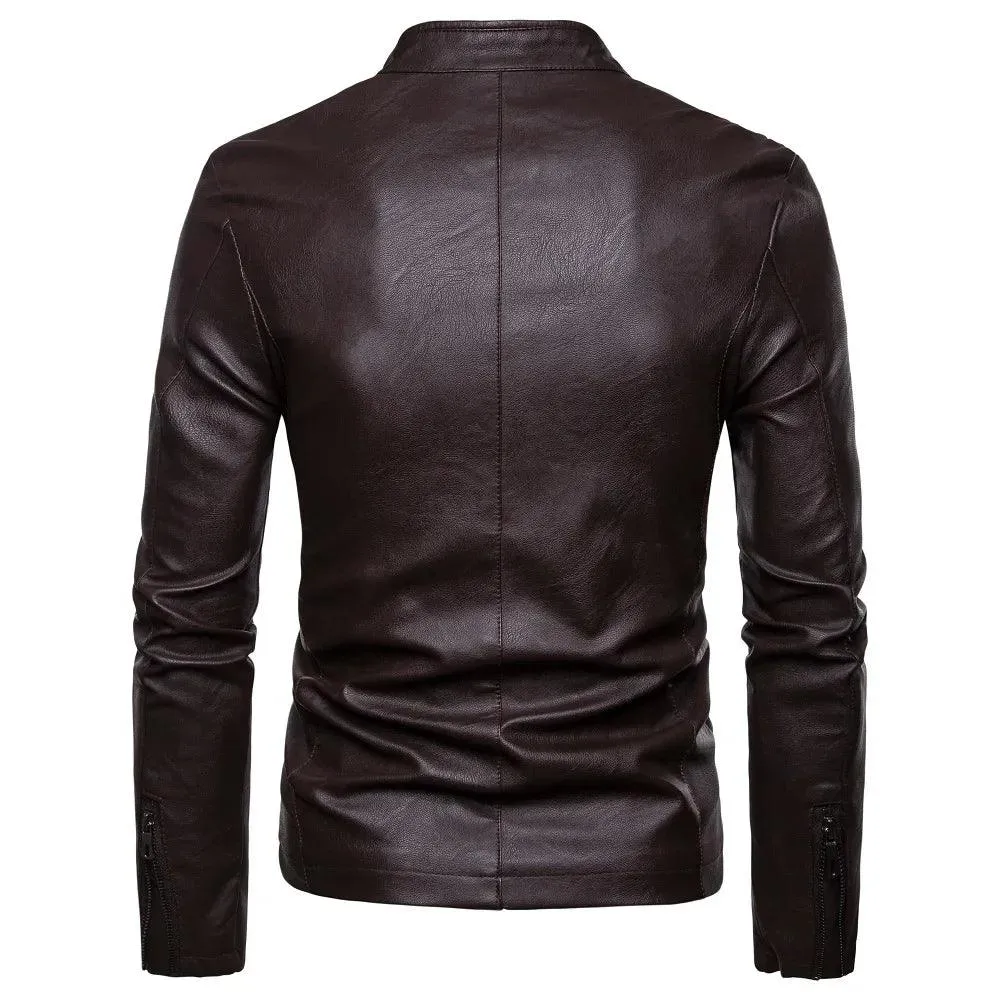 Men's Korean Design Slim Standing Collar PU Leather Jacket