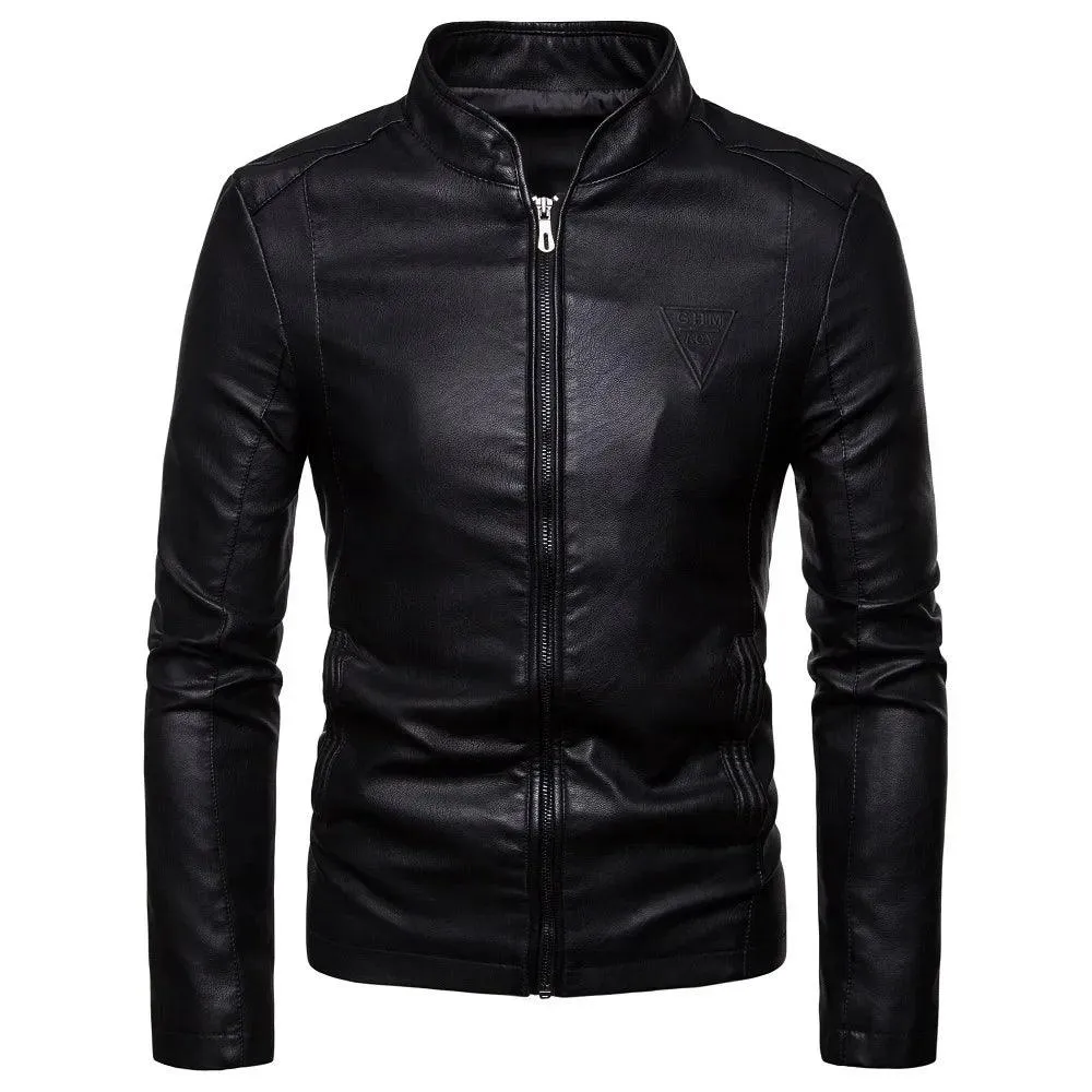 Men's Korean Design Slim Standing Collar PU Leather Jacket