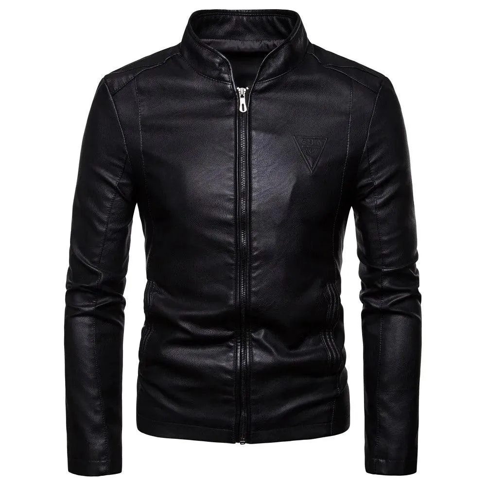 Men's Korean Design Slim Standing Collar PU Leather Jacket