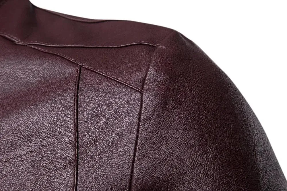 Men's Korean Design Slim Standing Collar PU Leather Jacket