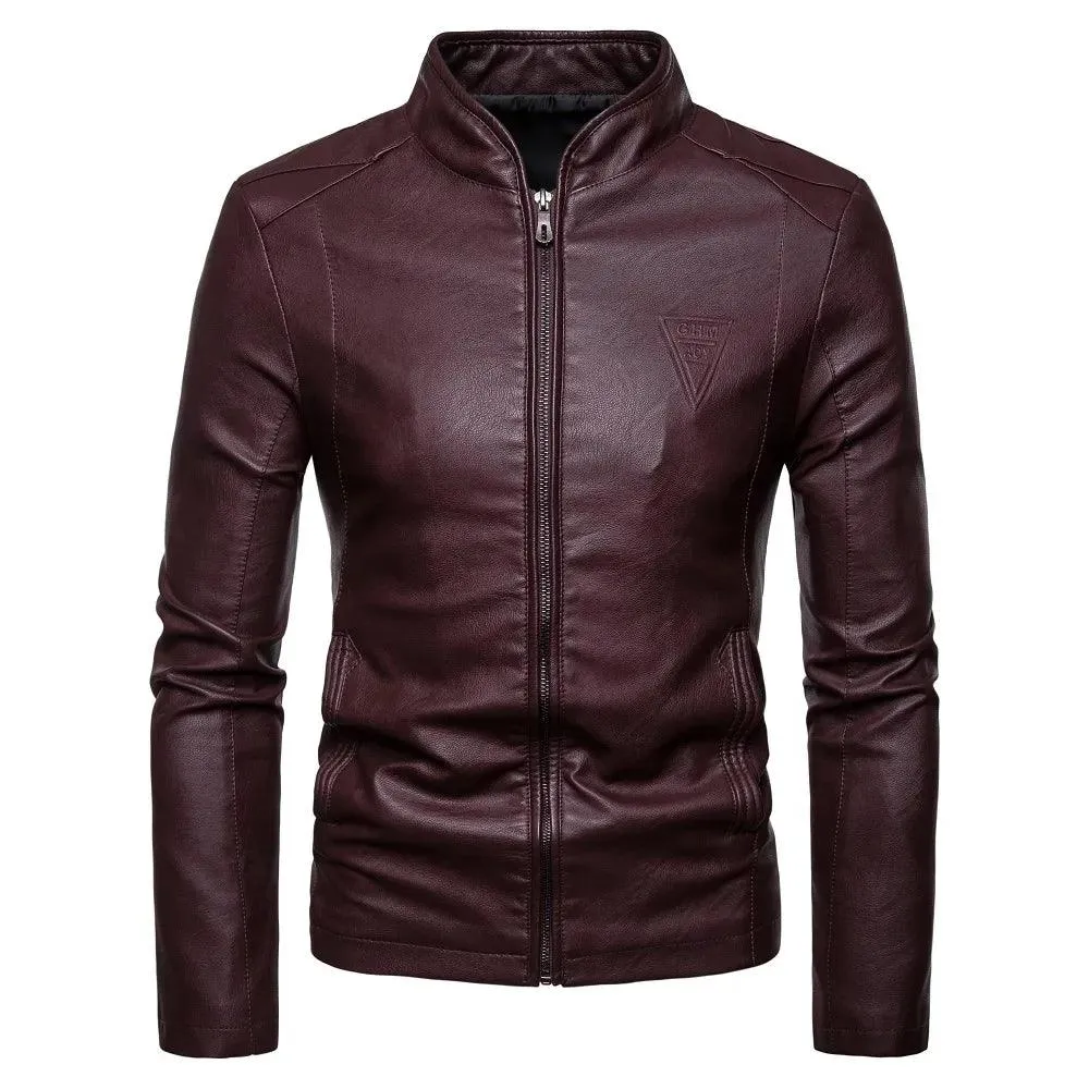 Men's Korean Design Slim Standing Collar PU Leather Jacket