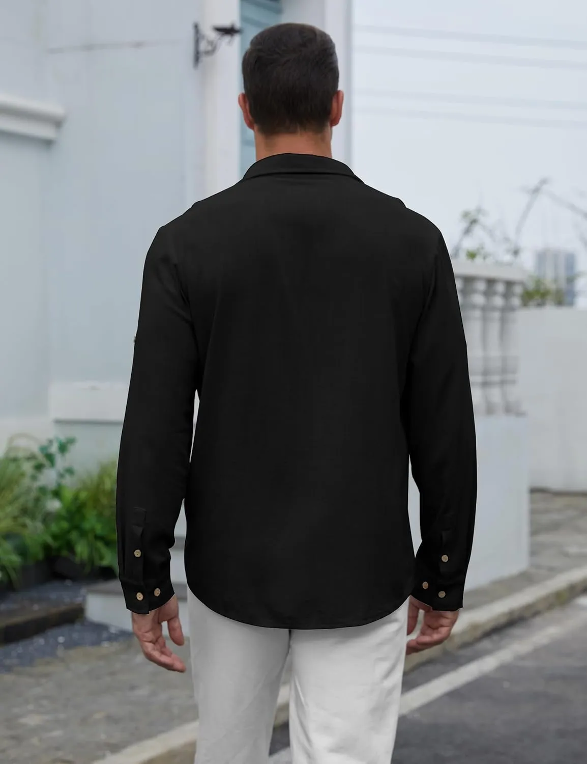 Men's Long Sleeve Button Down Linen Shirt Casual Solid Untucked Roll-Up Sleeve Beach Shirts Wedding Shirts with Pocket