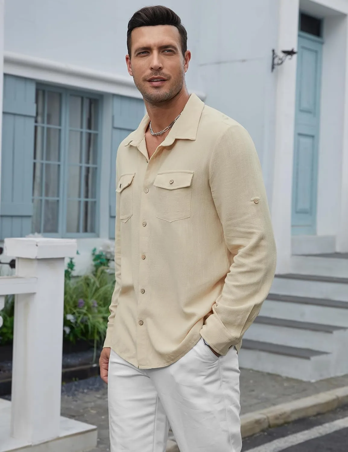 Men's Long Sleeve Button Down Linen Shirt Casual Solid Untucked Roll-Up Sleeve Beach Shirts Wedding Shirts with Pocket