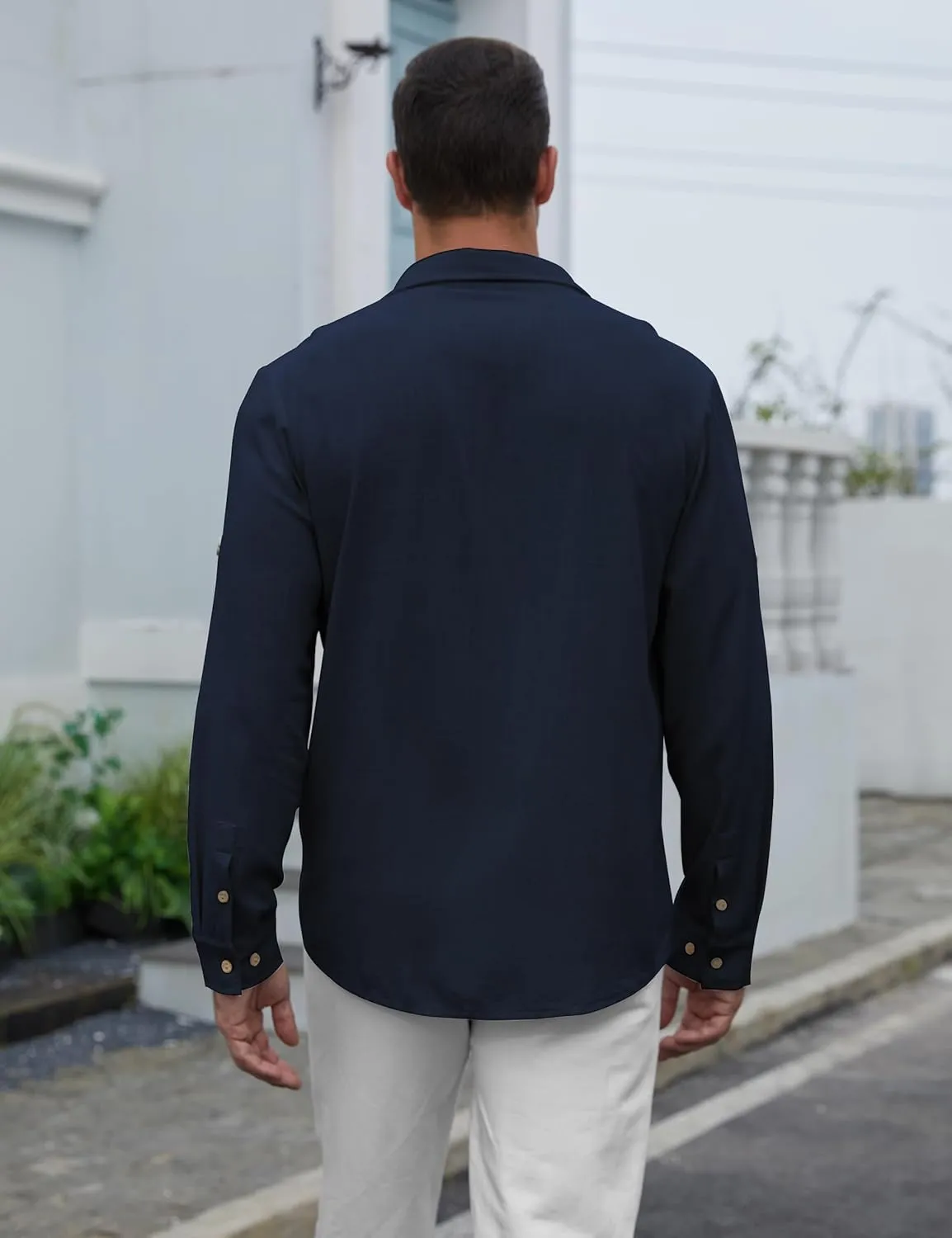 Men's Long Sleeve Button Down Linen Shirt Casual Solid Untucked Roll-Up Sleeve Beach Shirts Wedding Shirts with Pocket