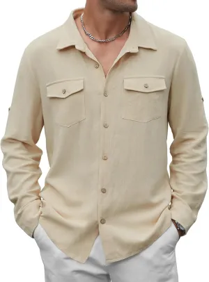 Men's Long Sleeve Button Down Linen Shirt Casual Solid Untucked Roll-Up Sleeve Beach Shirts Wedding Shirts with Pocket