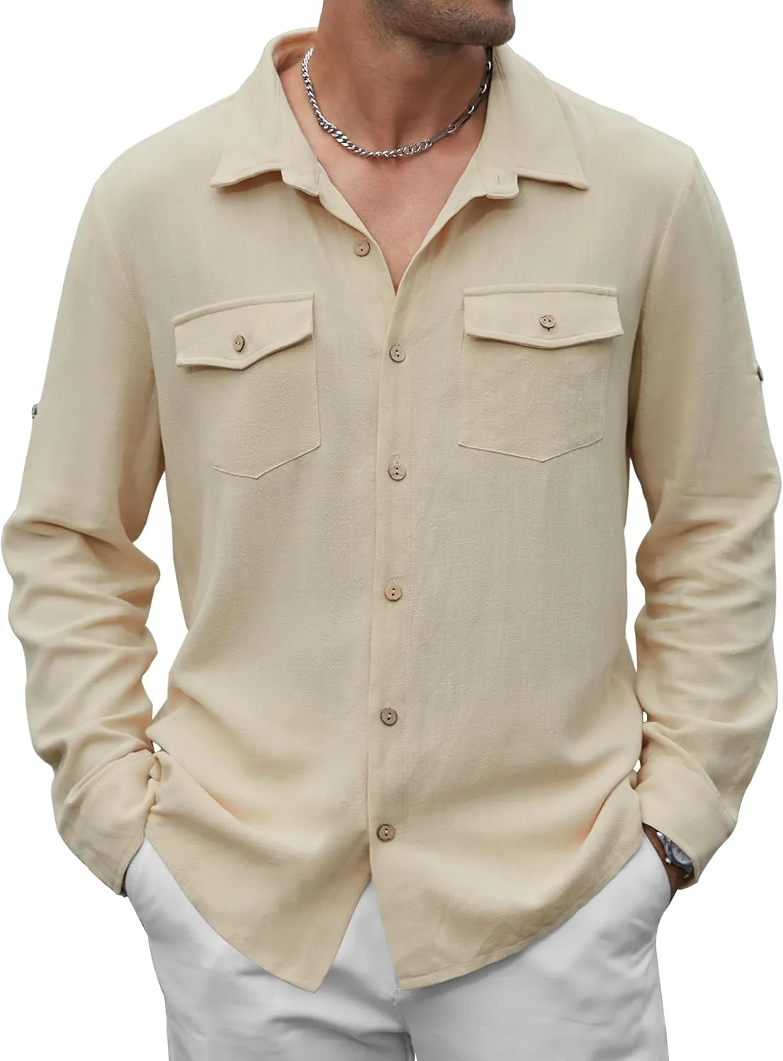 Men's Long Sleeve Button Down Linen Shirt Casual Solid Untucked Roll-Up Sleeve Beach Shirts Wedding Shirts with Pocket