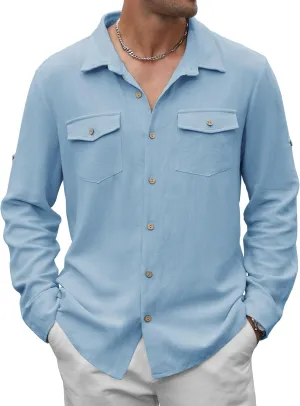 Men's Long Sleeve Button Down Linen Shirt Casual Solid Untucked Roll-Up Sleeve Beach Shirts Wedding Shirts with Pocket