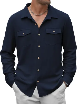 Men's Long Sleeve Button Down Linen Shirt Casual Solid Untucked Roll-Up Sleeve Beach Shirts Wedding Shirts with Pocket