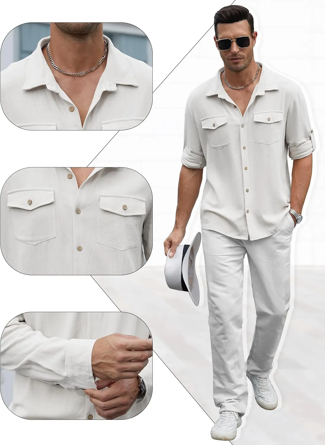 Men's Long Sleeve Button Down Linen Shirt Casual Solid Untucked Roll-Up Sleeve Beach Shirts Wedding Shirts with Pocket