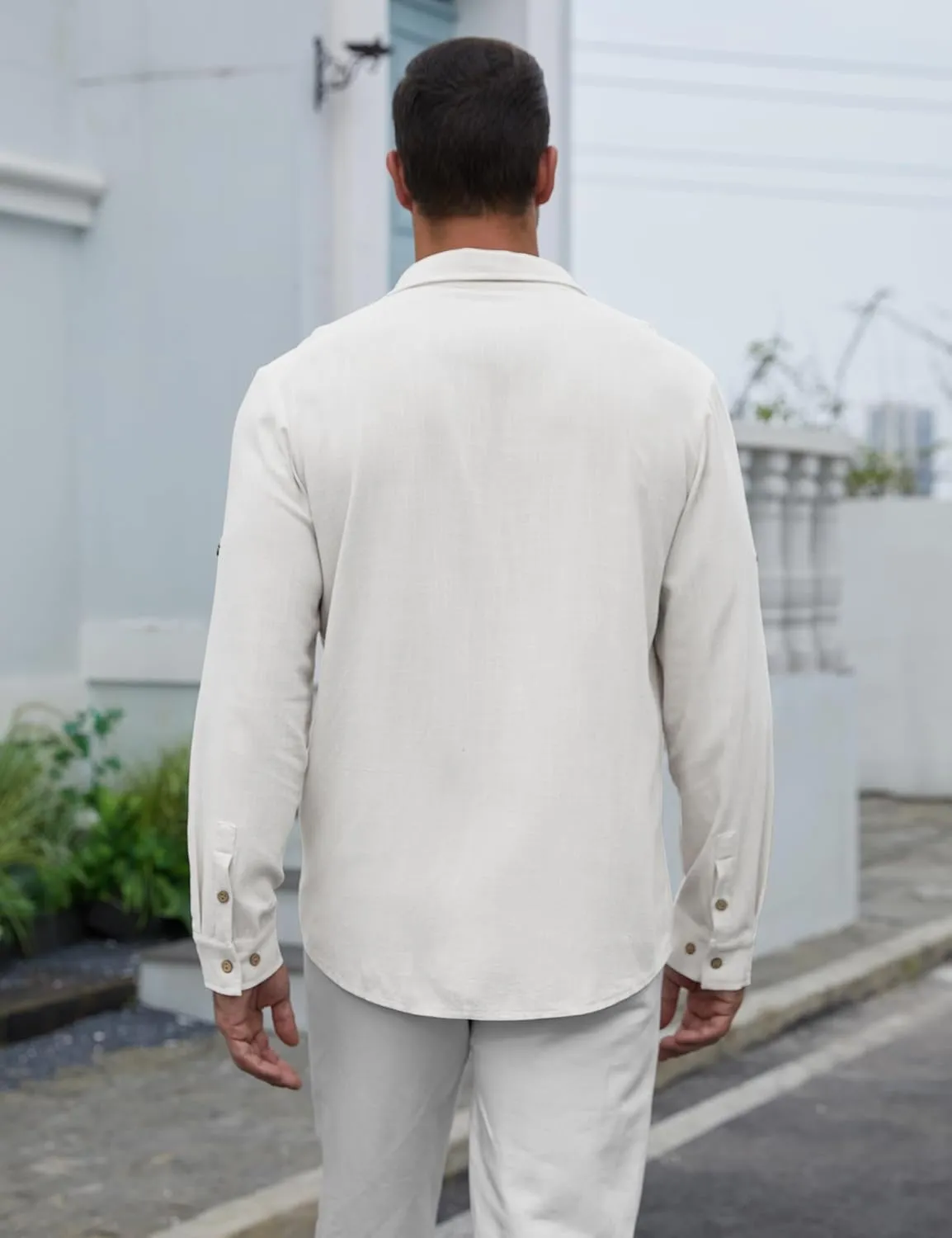 Men's Long Sleeve Button Down Linen Shirt Casual Solid Untucked Roll-Up Sleeve Beach Shirts Wedding Shirts with Pocket