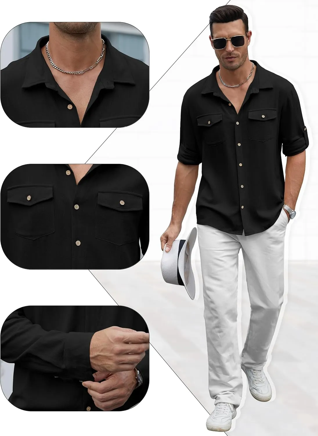 Men's Long Sleeve Button Down Linen Shirt Casual Solid Untucked Roll-Up Sleeve Beach Shirts Wedding Shirts with Pocket
