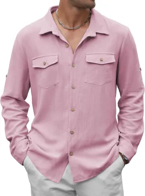 Men's Long Sleeve Button Down Linen Shirt Casual Solid Untucked Roll-Up Sleeve Beach Shirts Wedding Shirts with Pocket