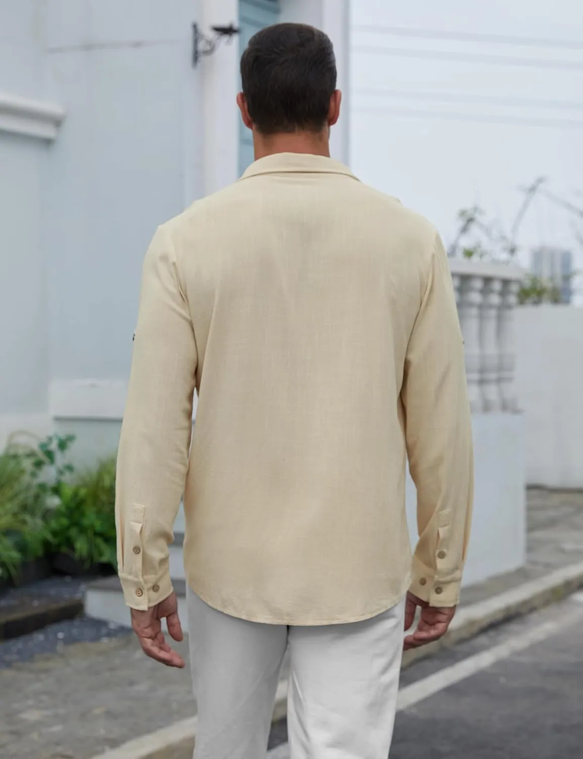 Men's Long Sleeve Button Down Linen Shirt Casual Solid Untucked Roll-Up Sleeve Beach Shirts Wedding Shirts with Pocket