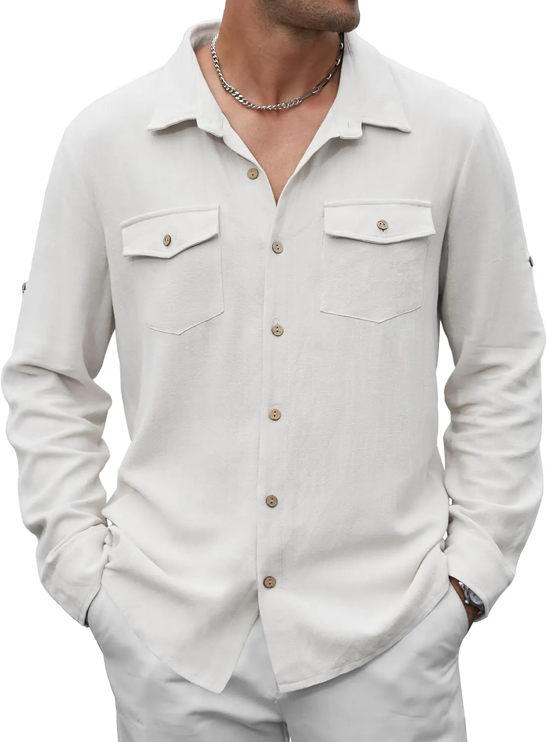 Men's Long Sleeve Button Down Linen Shirt Casual Solid Untucked Roll-Up Sleeve Beach Shirts Wedding Shirts with Pocket