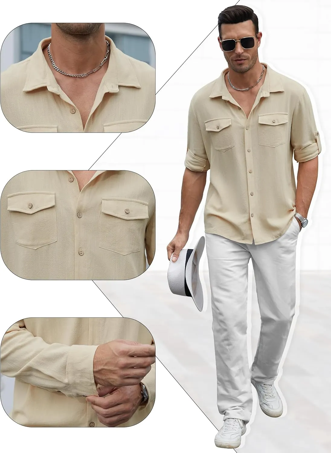 Men's Long Sleeve Button Down Linen Shirt Casual Solid Untucked Roll-Up Sleeve Beach Shirts Wedding Shirts with Pocket