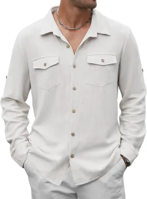 Men's Long Sleeve Button Down Linen Shirt Casual Solid Untucked Roll-Up Sleeve Beach Shirts Wedding Shirts with Pocket