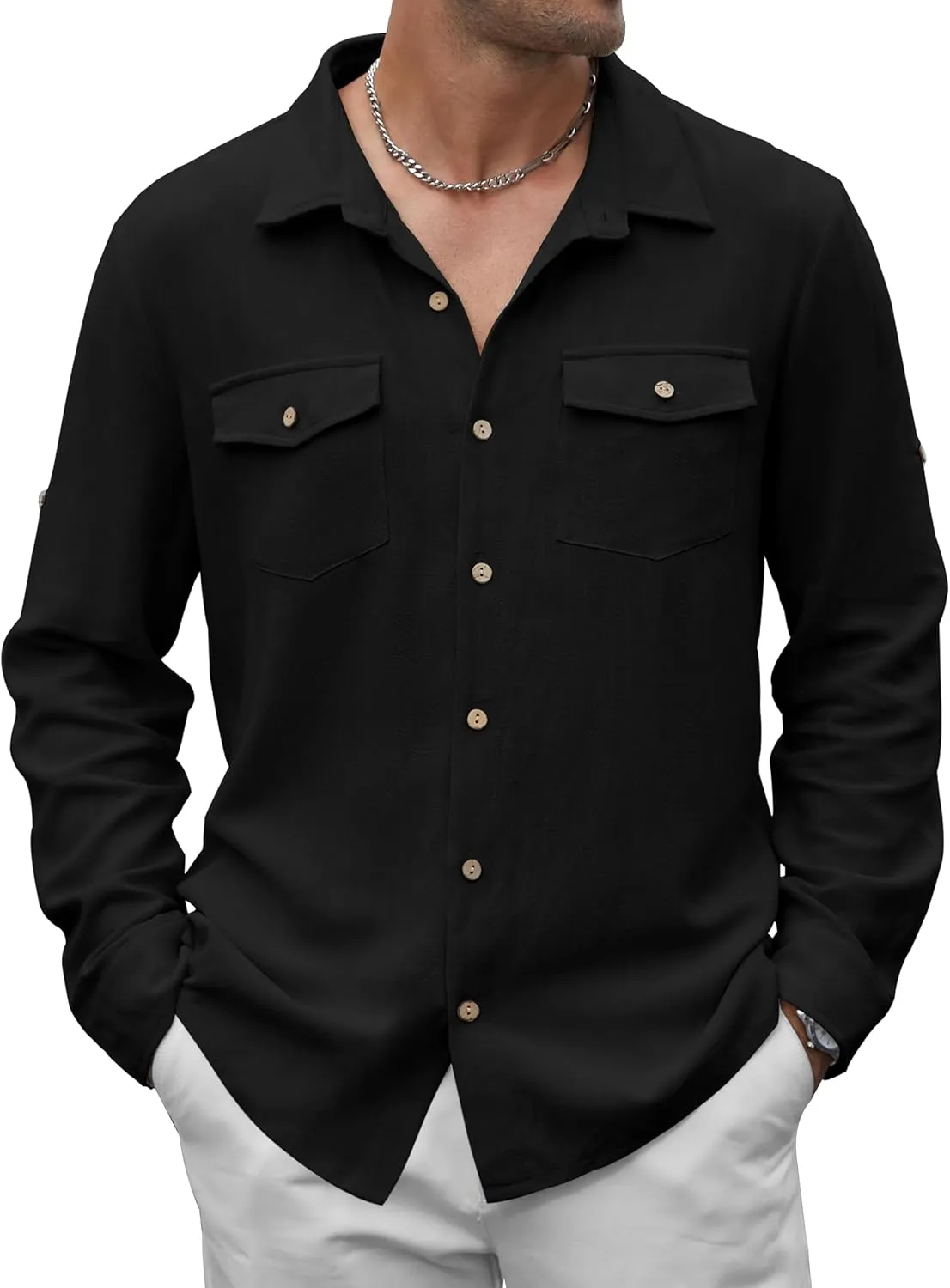 Men's Long Sleeve Button Down Linen Shirt Casual Solid Untucked Roll-Up Sleeve Beach Shirts Wedding Shirts with Pocket