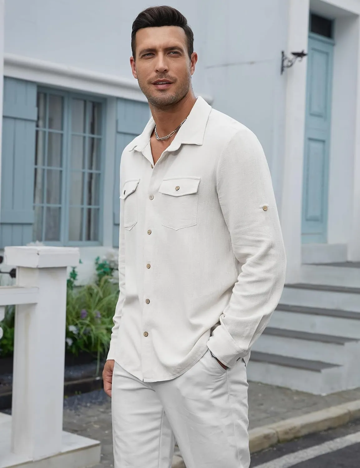 Men's Long Sleeve Button Down Linen Shirt Casual Solid Untucked Roll-Up Sleeve Beach Shirts Wedding Shirts with Pocket