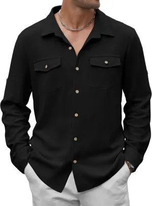 Men's Long Sleeve Button Down Linen Shirt Casual Solid Untucked Roll-Up Sleeve Beach Shirts Wedding Shirts with Pocket