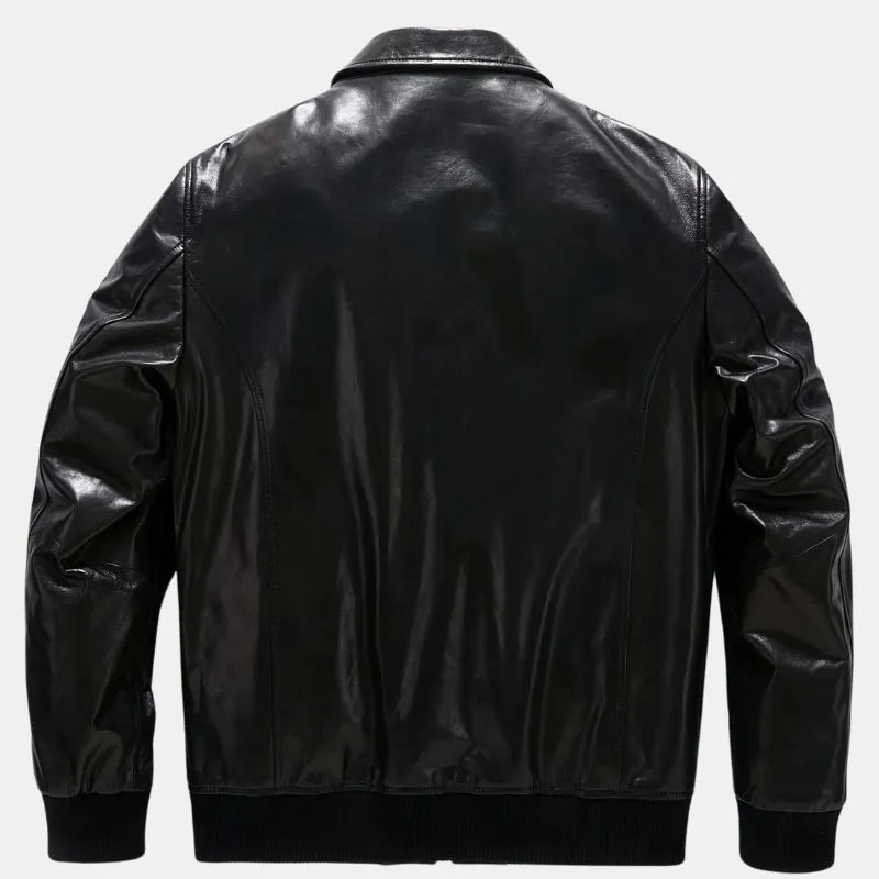 Mens Patched Black Bomber Leather Jacket