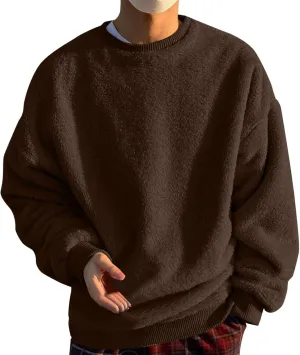 Men's Sherpa-Lined Fleece Sweatshirt Fashion Loose Cozy Fuzzy Pullover Long Sleeve Winter Crew Neck Outwear Jacket