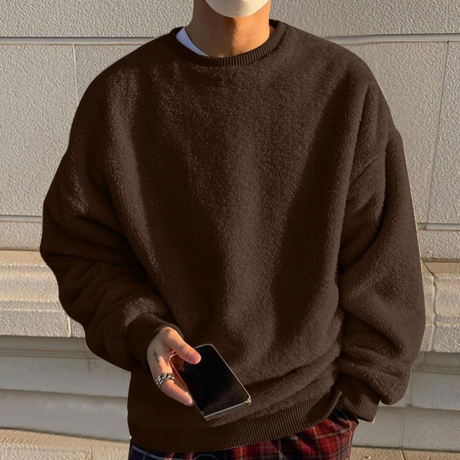 Men's Sherpa-Lined Fleece Sweatshirt Fashion Loose Cozy Fuzzy Pullover Long Sleeve Winter Crew Neck Outwear Jacket