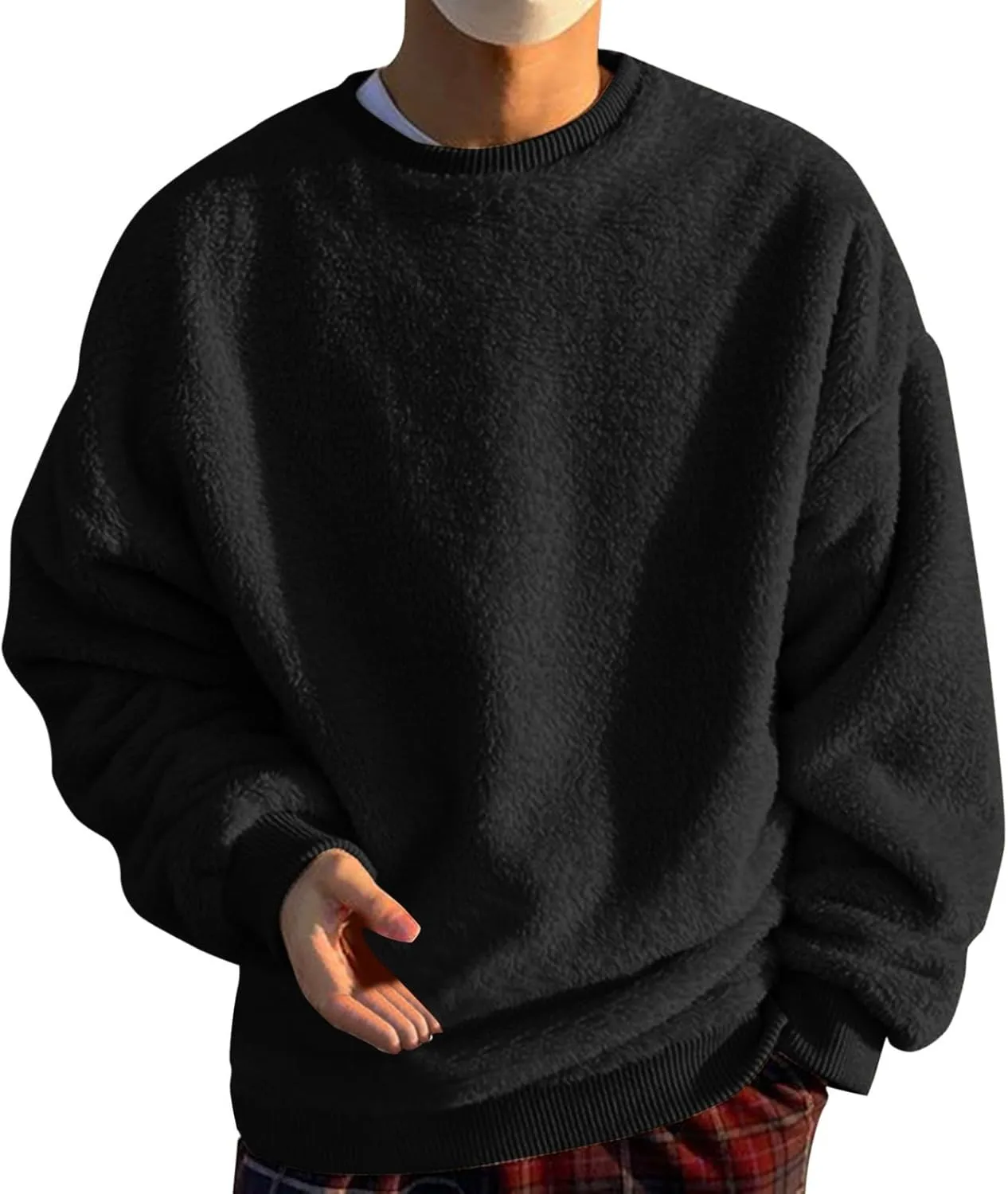 Men's Sherpa-Lined Fleece Sweatshirt Fashion Loose Cozy Fuzzy Pullover Long Sleeve Winter Crew Neck Outwear Jacket