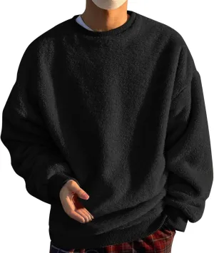 Men's Sherpa-Lined Fleece Sweatshirt Fashion Loose Cozy Fuzzy Pullover Long Sleeve Winter Crew Neck Outwear Jacket
