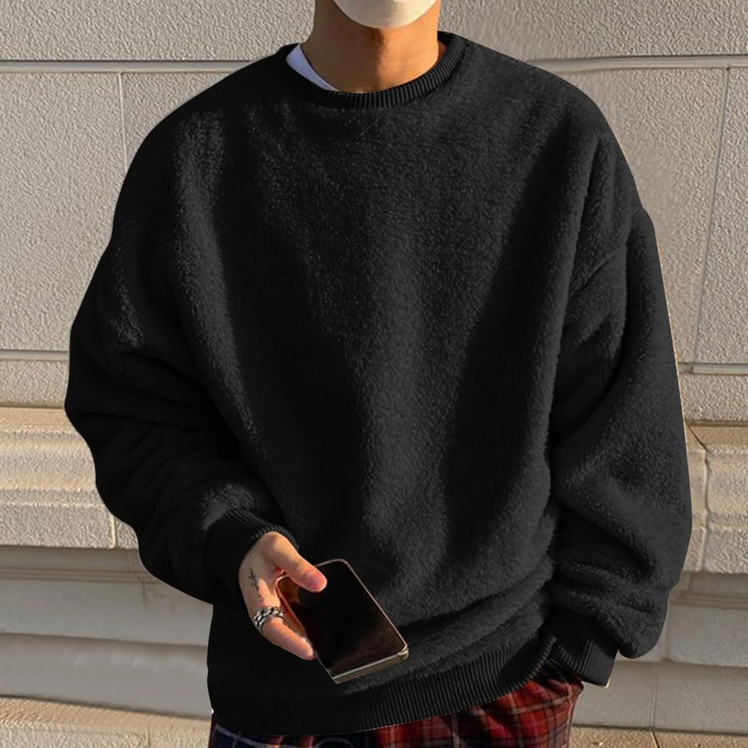 Men's Sherpa-Lined Fleece Sweatshirt Fashion Loose Cozy Fuzzy Pullover Long Sleeve Winter Crew Neck Outwear Jacket