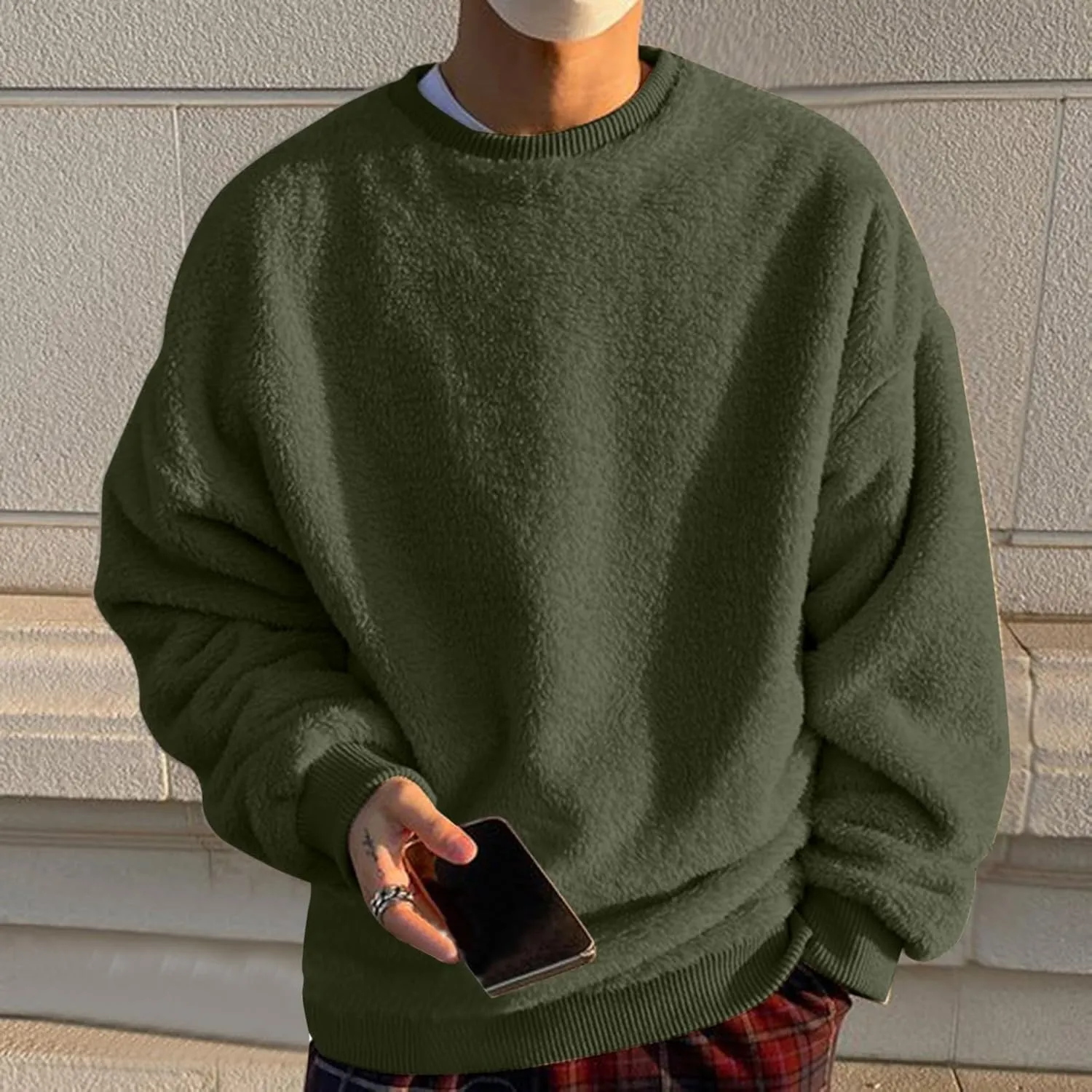 Men's Sherpa-Lined Fleece Sweatshirt Fashion Loose Cozy Fuzzy Pullover Long Sleeve Winter Crew Neck Outwear Jacket