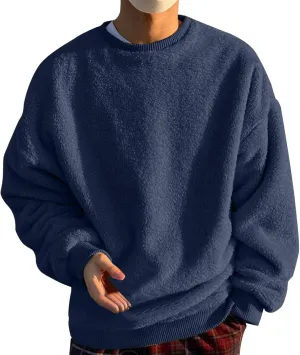 Men's Sherpa-Lined Fleece Sweatshirt Fashion Loose Cozy Fuzzy Pullover Long Sleeve Winter Crew Neck Outwear Jacket