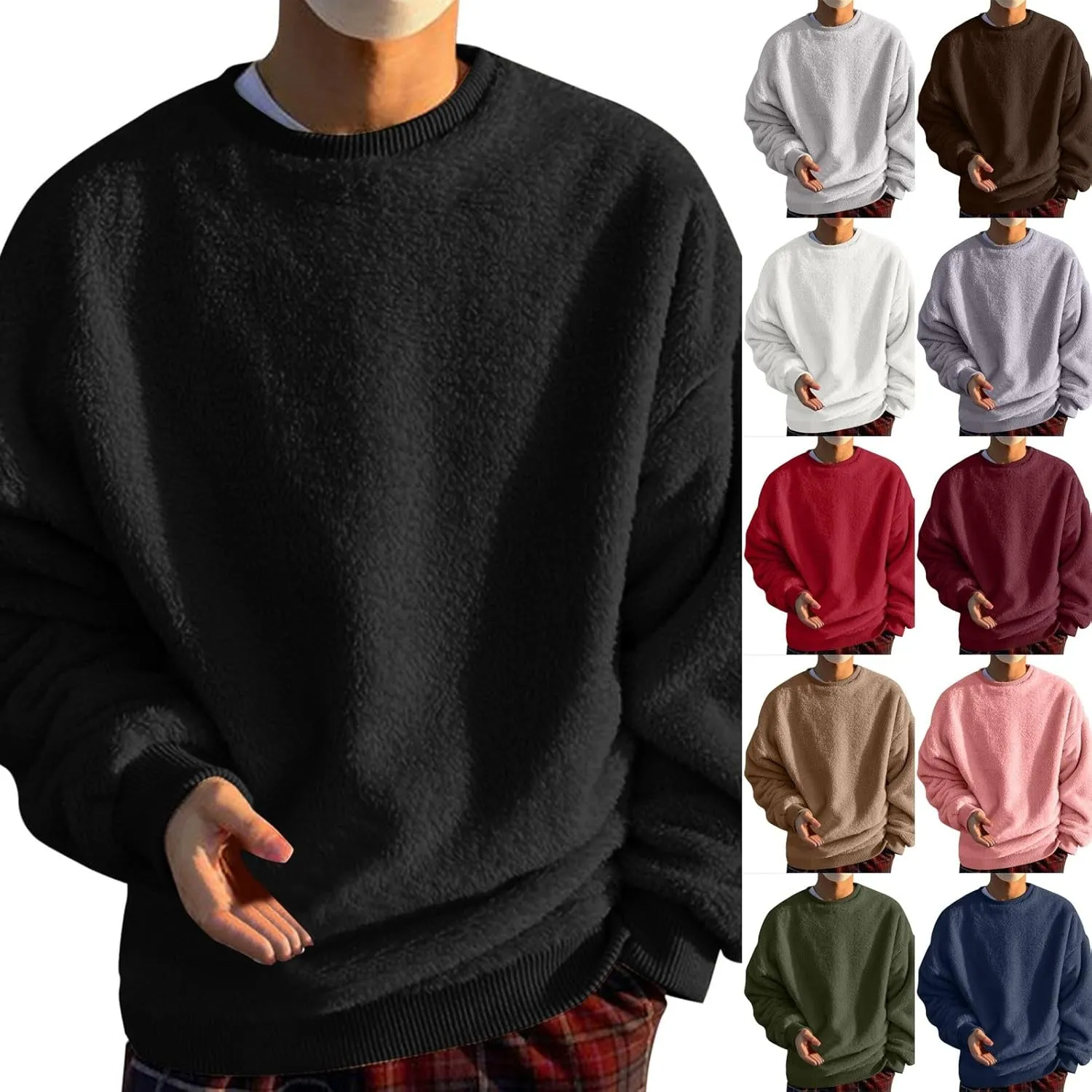 Men's Sherpa-Lined Fleece Sweatshirt Fashion Loose Cozy Fuzzy Pullover Long Sleeve Winter Crew Neck Outwear Jacket