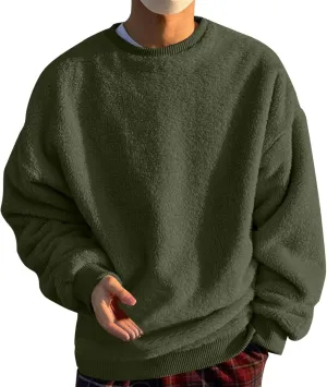 Men's Sherpa-Lined Fleece Sweatshirt Fashion Loose Cozy Fuzzy Pullover Long Sleeve Winter Crew Neck Outwear Jacket