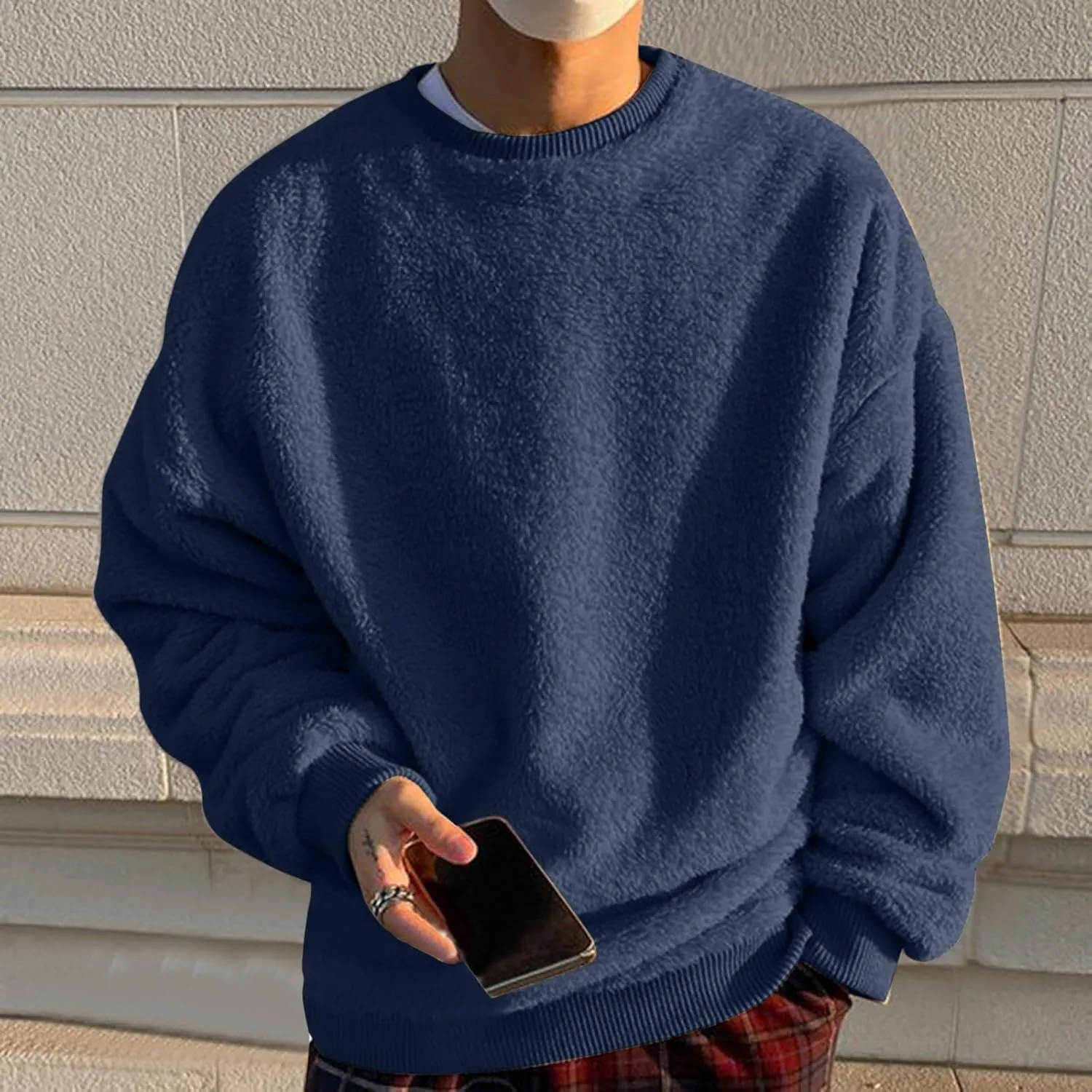 Men's Sherpa-Lined Fleece Sweatshirt Fashion Loose Cozy Fuzzy Pullover Long Sleeve Winter Crew Neck Outwear Jacket