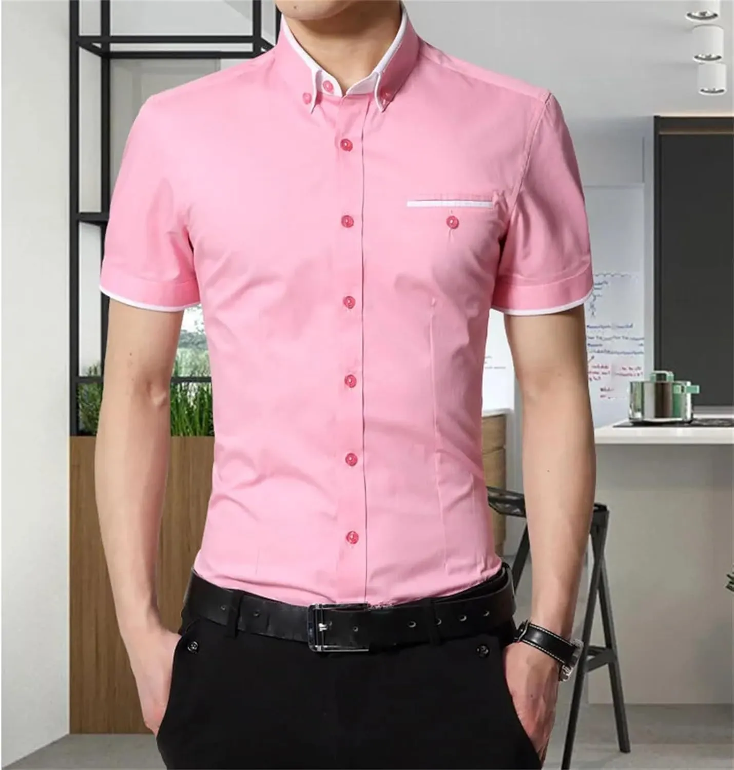 Men's Summer Business Shirt  Short Sleeve Turn-Down Collar Tuxedo Shirt Plus Size Button-Down for Formal Wear