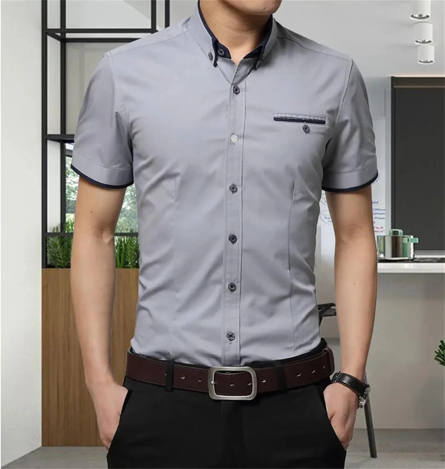 Men's Summer Business Shirt  Short Sleeve Turn-Down Collar Tuxedo Shirt Plus Size Button-Down for Formal Wear