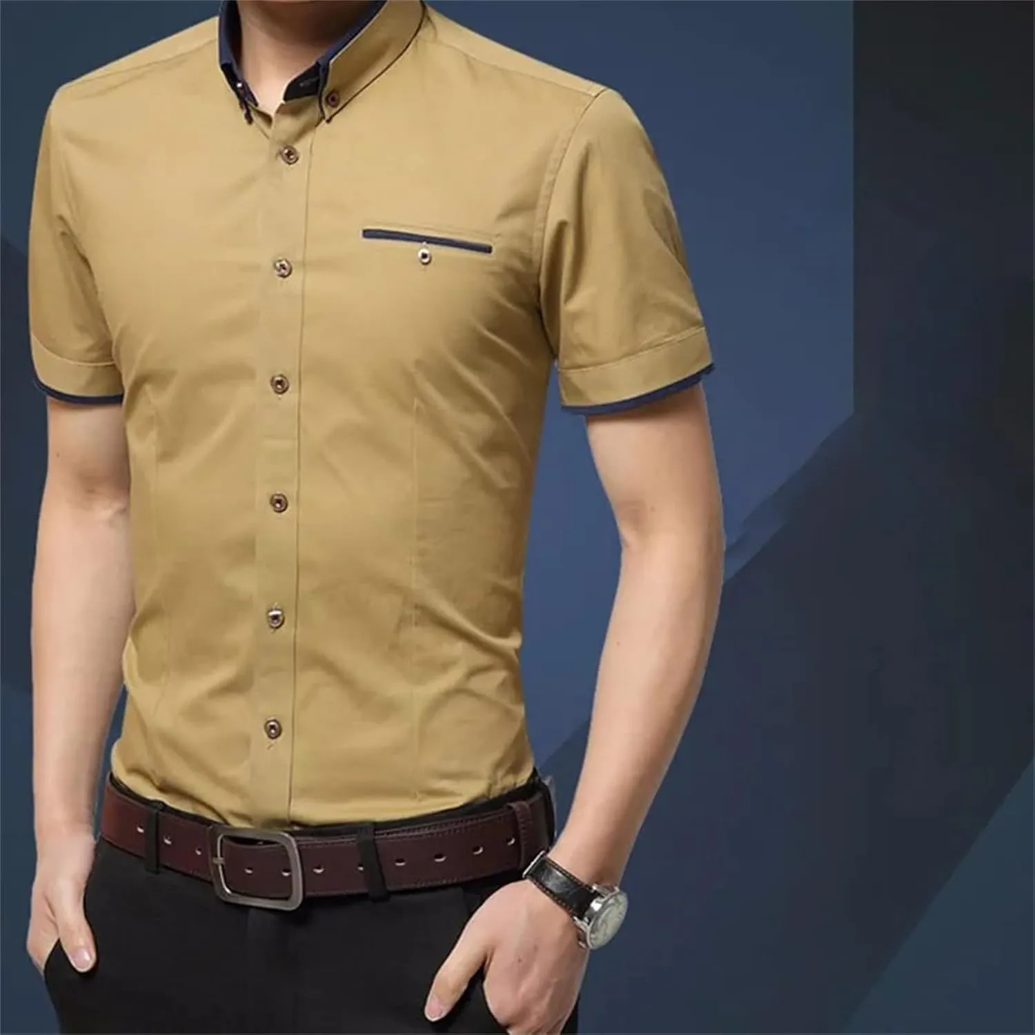 Men's Summer Business Shirt  Short Sleeve Turn-Down Collar Tuxedo Shirt Plus Size Button-Down for Formal Wear