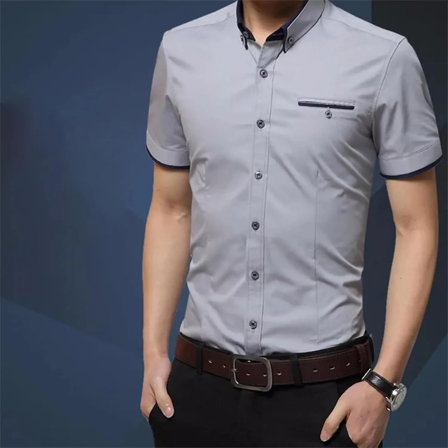 Men's Summer Business Shirt  Short Sleeve Turn-Down Collar Tuxedo Shirt Plus Size Button-Down for Formal Wear