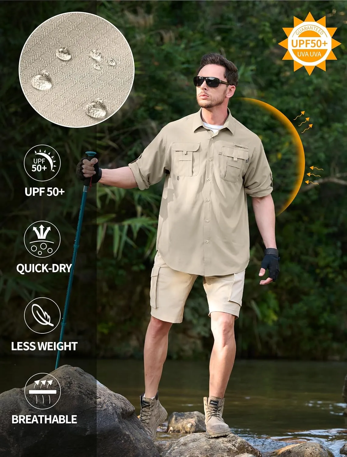 Men's Sun Protection Fishing Shirts Lightweight Long Sleeve UPF 50  Travel Work Hiking Shirts with Pockets