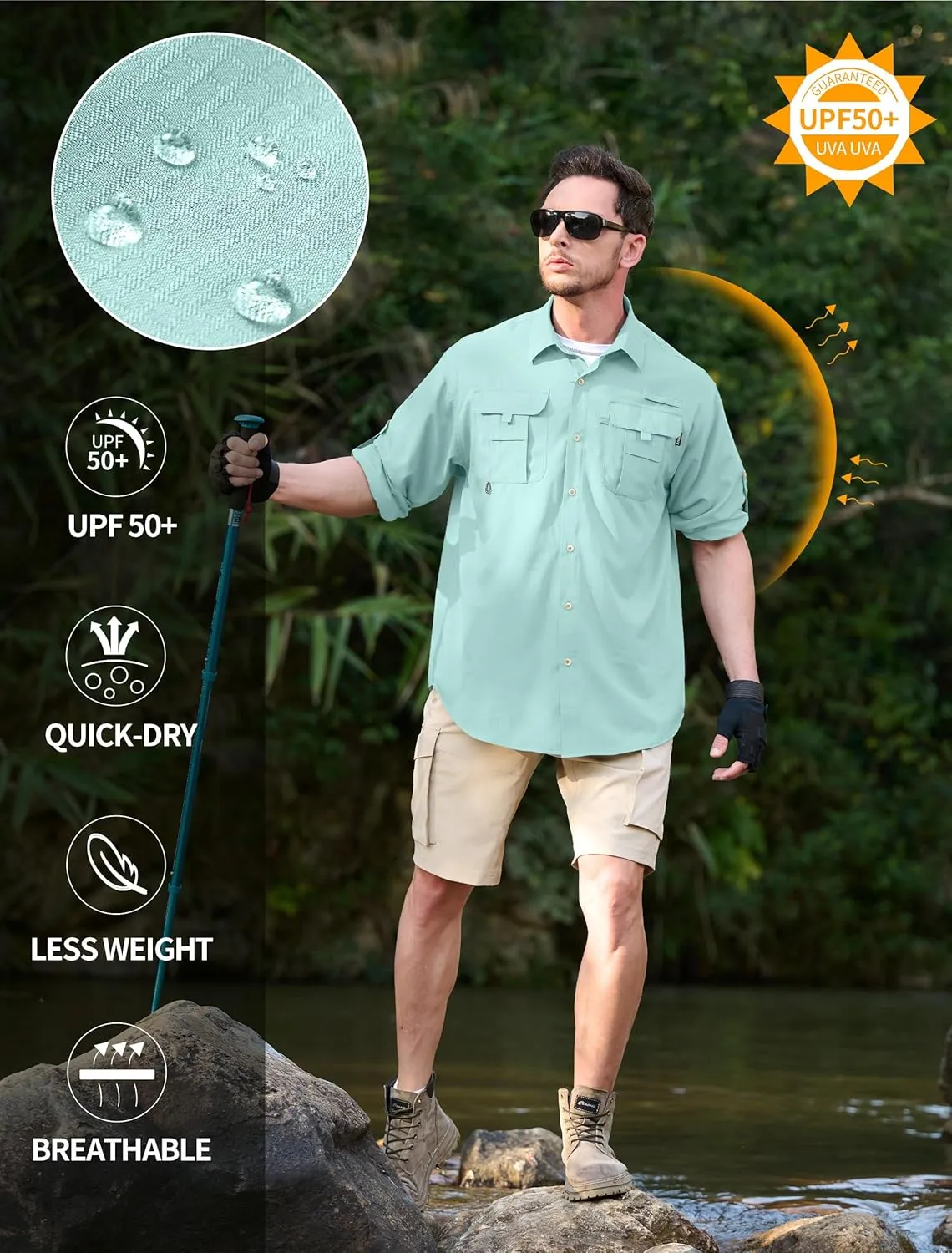 Men's Sun Protection Fishing Shirts Lightweight Long Sleeve UPF 50  Travel Work Hiking Shirts with Pockets