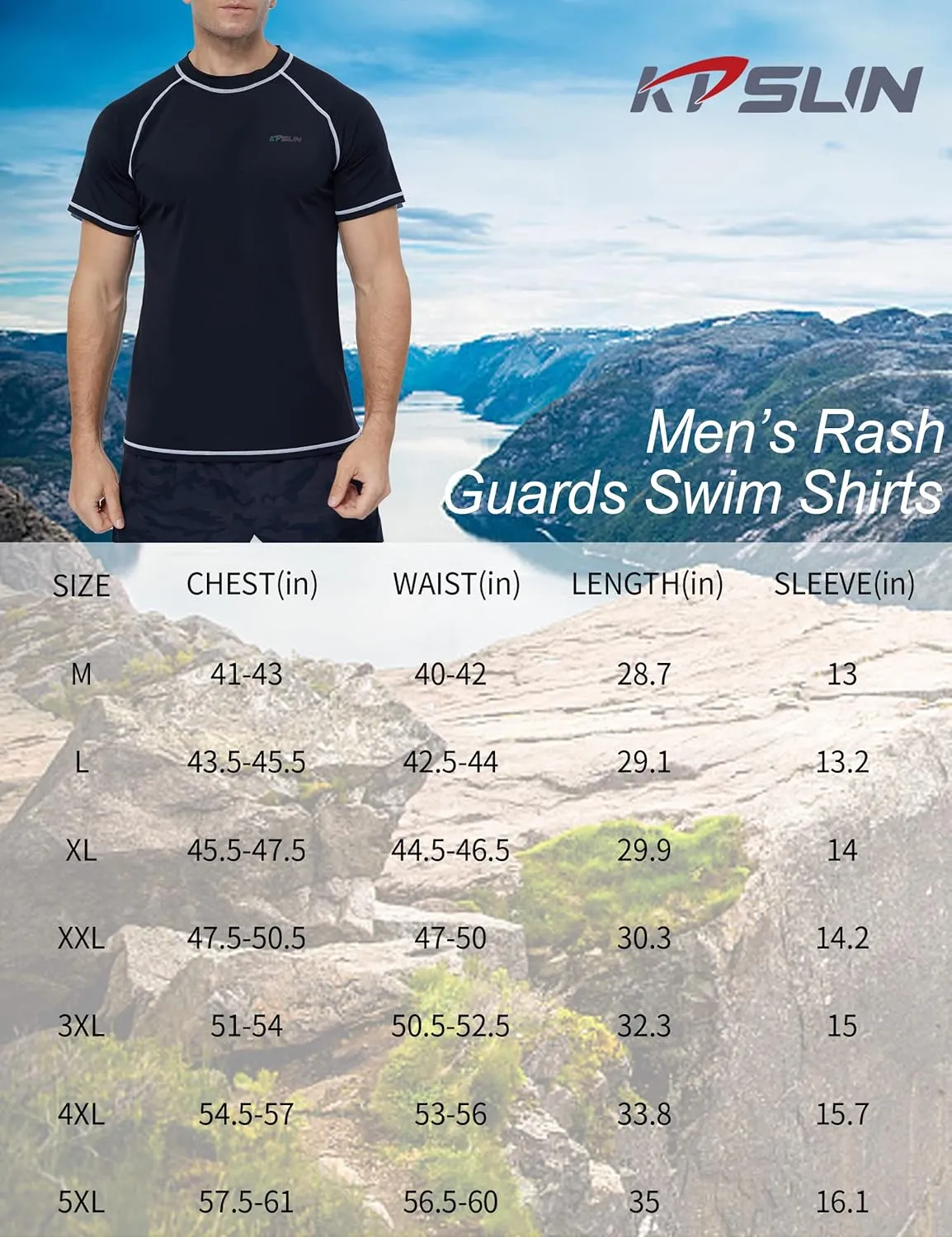 Mens Swim Shirts UPF 50  Sun Protection Quick Dry SPF Rash Guard Outdoor Beach Fishing T Shirts