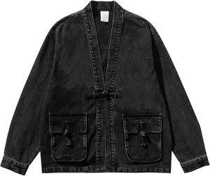 Mens Trendy Japanese Style Denim Kimono Jackets One Button Casual Washed Jean Jacket Hip Hop Distressed Vintage Coats