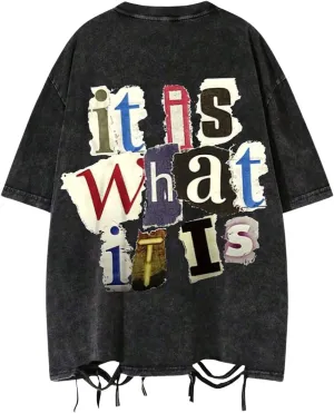 Men's Vintage Summer Tops Ripped Letter Graphic Tees Short Sleeve Crewneck Oversized T Shirts