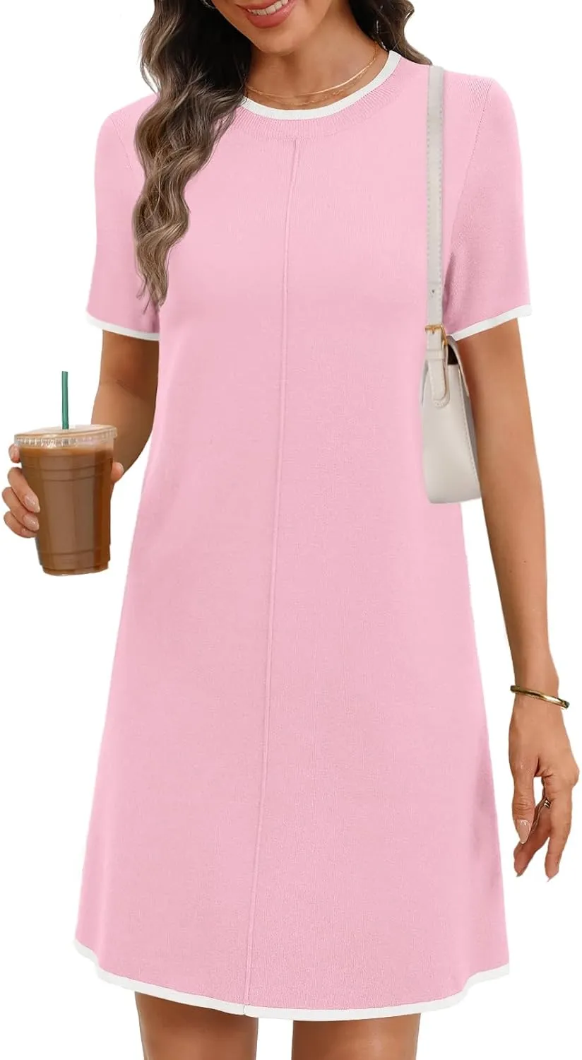 MEROKEETY Women's 2025 Summer Short Sleeve Mini Dress Casual Crewneck Color Block Knit Dresses