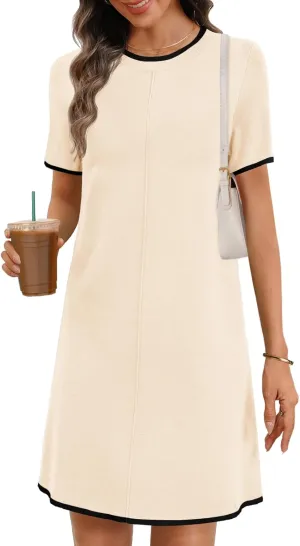MEROKEETY Women's 2025 Summer Short Sleeve Mini Dress Casual Crewneck Color Block Knit Dresses