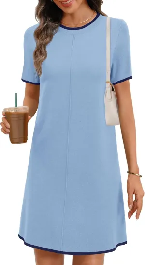 MEROKEETY Women's 2025 Summer Short Sleeve Mini Dress Casual Crewneck Color Block Knit Dresses